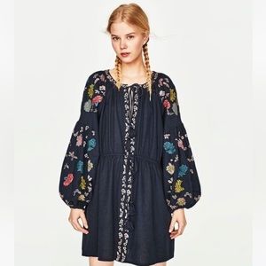 Zara Short Tunic Dress Floral Embroidered Navy Blue Linen